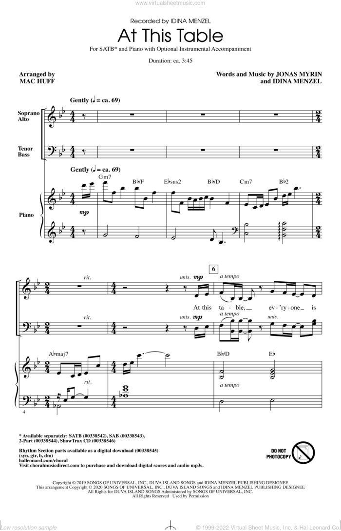 At This Table (arr. Mac Huff) sheet music for choir (SATB: soprano, alto, tenor, bass) by Idina Menzel, Mac Huff and Jonas Myrin, intermediate skill level