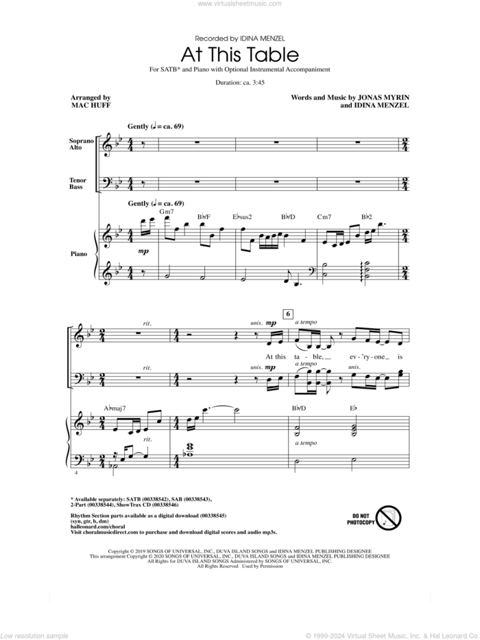 At This Table (arr. Mac Huff) sheet music for choir (SATB: soprano, alto, tenor, bass) by Idina Menzel, Mac Huff and Jonas Myrin, intermediate skill level