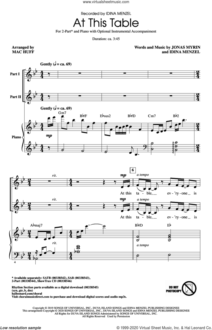 At This Table (arr. Mac Huff) sheet music for choir (2-Part) by Idina Menzel, Mac Huff and Jonas Myrin, intermediate duet