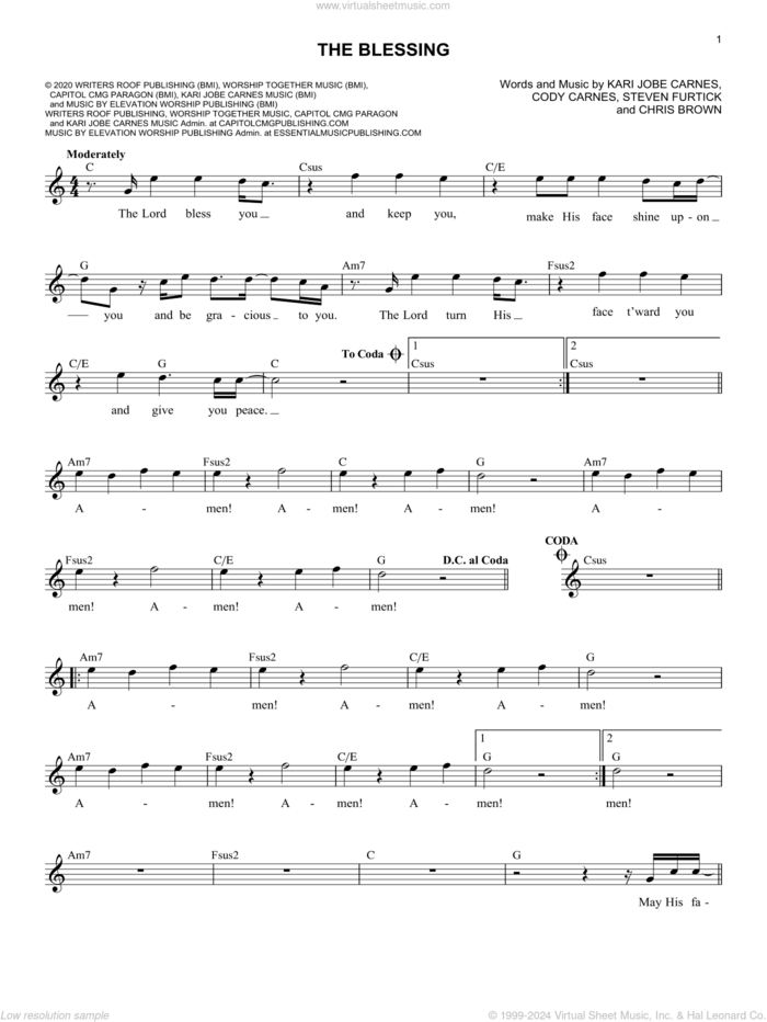 The Blessing sheet music for voice and other instruments (fake book) by Kari Jobe, Cody Carnes & Elevation Worship, Chris Brown, Cody Carnes, Kari Jobe Carnes and Steven Furtick, intermediate skill level