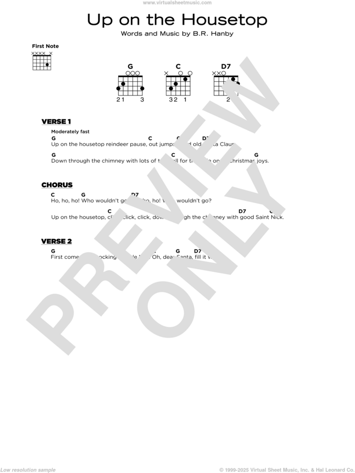 Up On The Housetop, (beginner) sheet music for guitar solo by Benjamin Hanby, beginner skill level