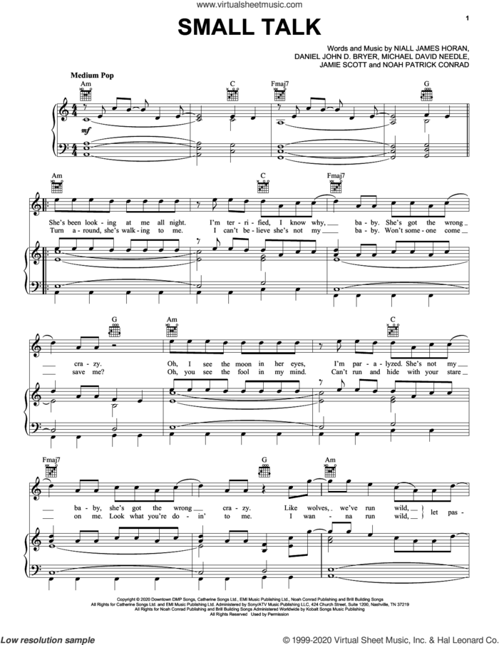 Small Talk sheet music for voice, piano or guitar by Niall Horan, Dan Bryer, Jamie Scott, Mike Needle, Niall James Horan and Noah Conrad, intermediate skill level
