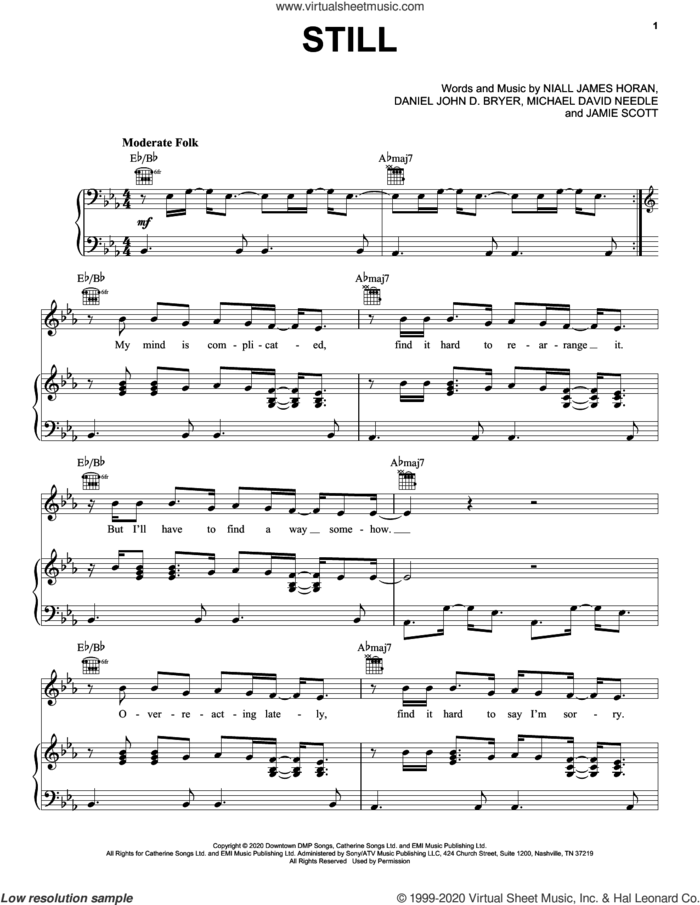 Still sheet music for voice, piano or guitar by Niall Horan, Dan Bryer, Jamie Scott, Mike Needle and Niall James Horan, intermediate skill level