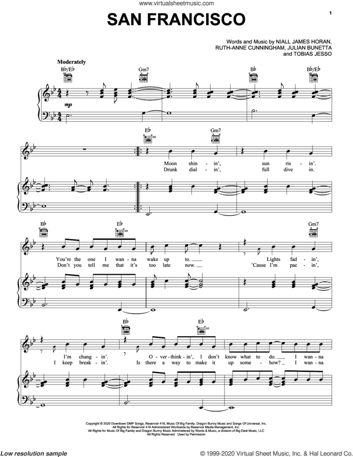 San Francisco sheet music for voice, piano or guitar by Niall Horan, Julian Bunetta, Niall James Horan, Ruth Anne Cunningham and Tobias Jesso, intermediate skill level