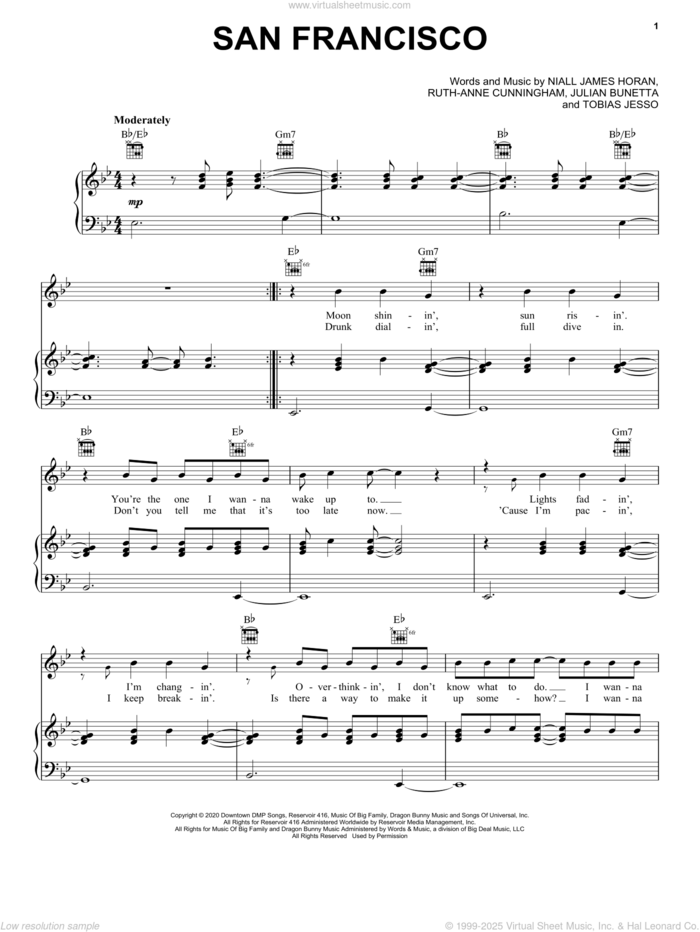 San Francisco sheet music for voice, piano or guitar by Niall Horan, Julian Bunetta, Niall James Horan, Ruth Anne Cunningham and Tobias Jesso, intermediate skill level