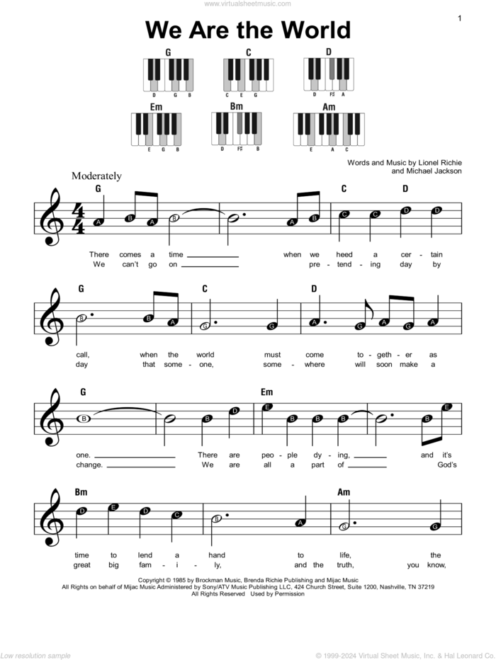 We Are The World sheet music for piano solo by USA For Africa, Lionel Richie and Michael Jackson, beginner skill level