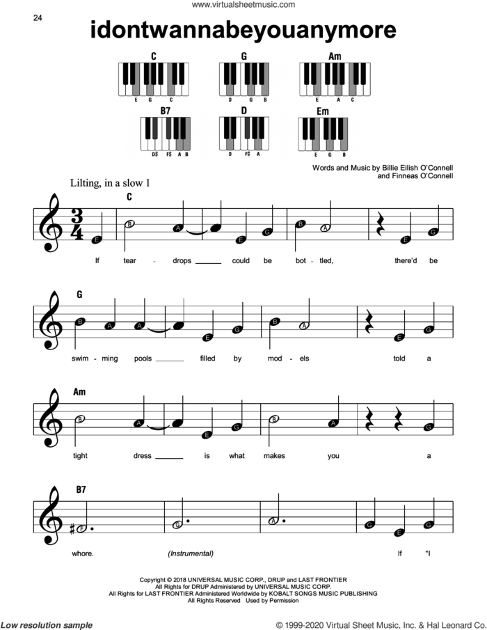 idontwannabeyouanymore, (beginner) sheet music for piano solo by Billie Eilish, beginner skill level
