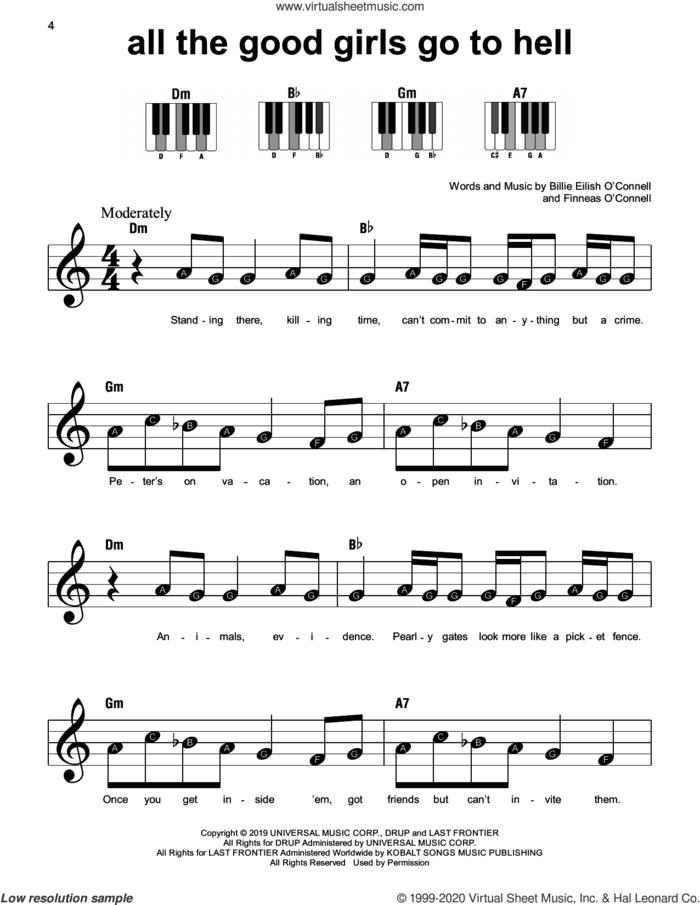 all the good girls go to hell sheet music for piano solo by Billie Eilish, beginner skill level