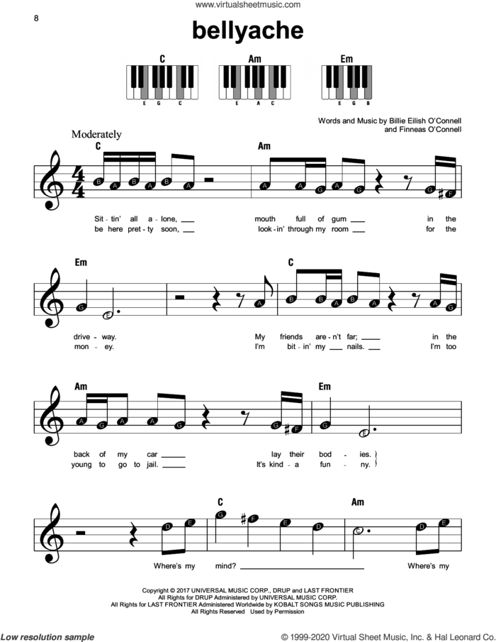 bellyache, (beginner) sheet music for piano solo by Billie Eilish, beginner skill level