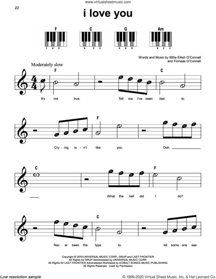 i love you, (beginner) sheet music for piano solo by Billie Eilish, beginner skill level
