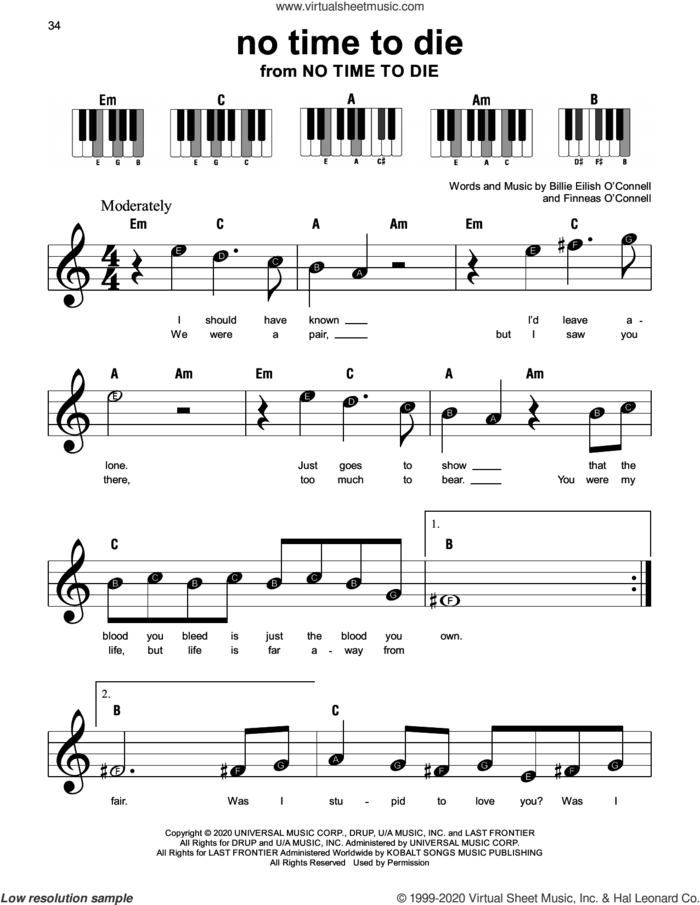 No Time To Die sheet music for piano solo by Billie Eilish, beginner skill level