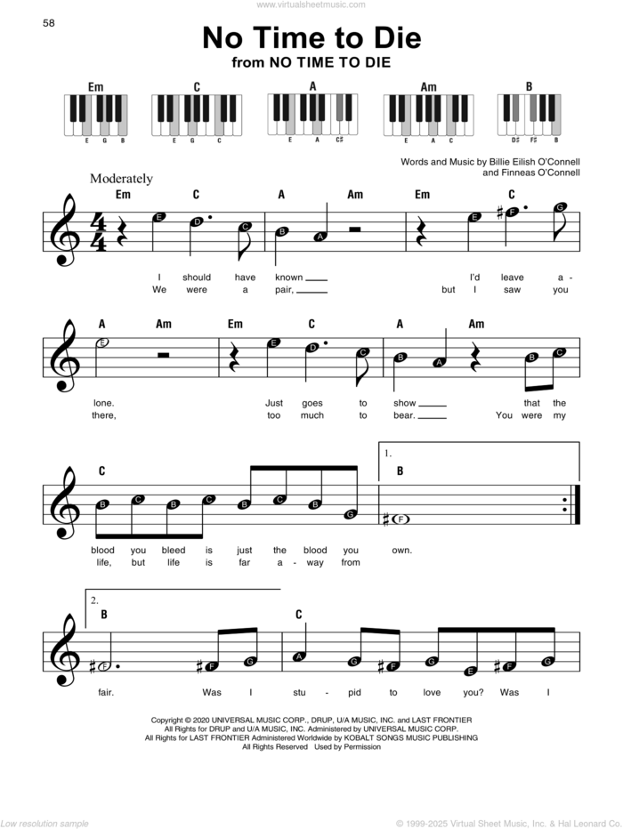 No Time To Die sheet music for piano solo by Billie Eilish, beginner skill level
