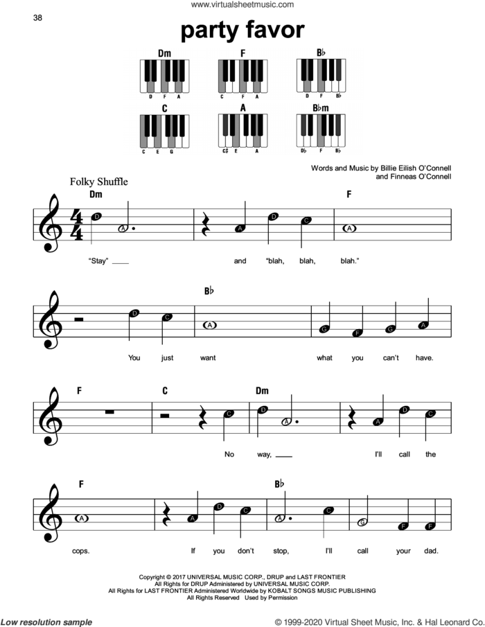 party favor sheet music for piano solo by Billie Eilish, beginner skill level