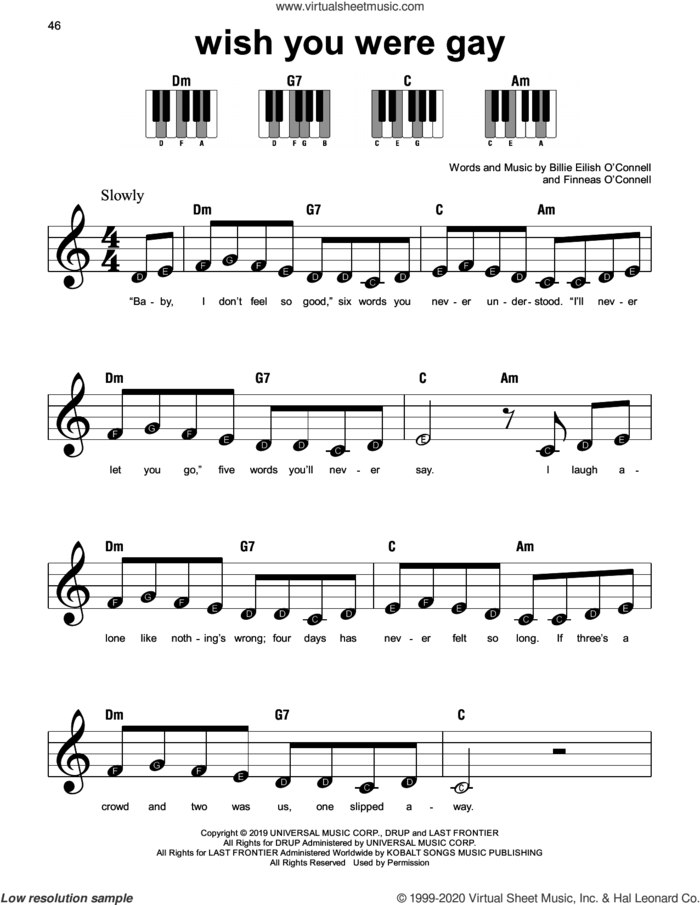 wish you were gay sheet music for piano solo by Billie Eilish, beginner skill level