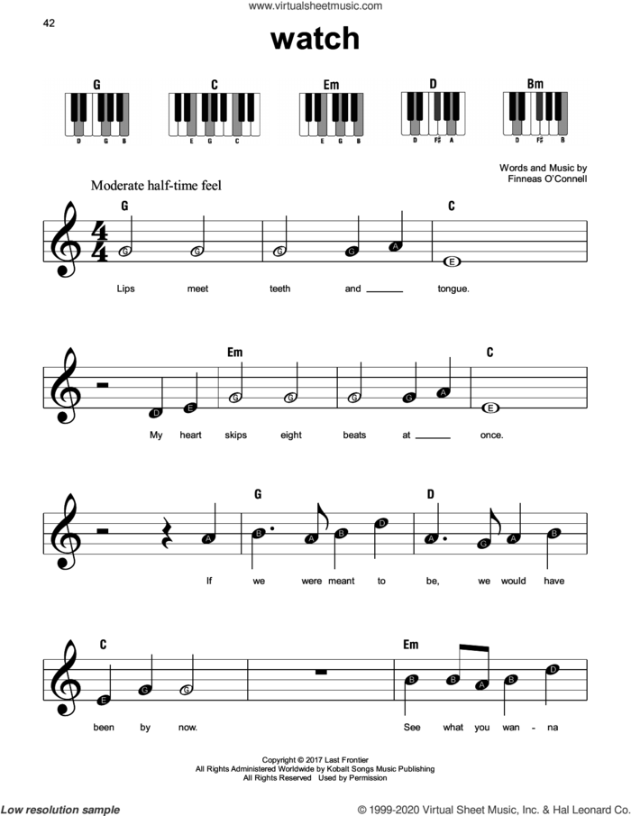 watch, (beginner) sheet music for piano solo by Billie Eilish, beginner skill level