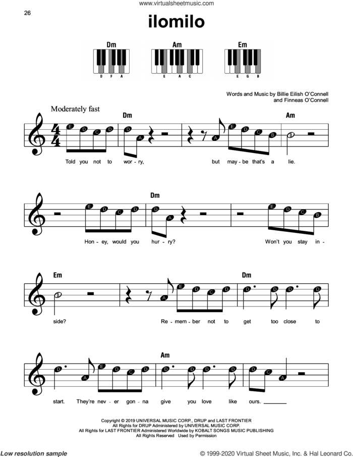 ilomilo sheet music for piano solo by Billie Eilish, beginner skill level