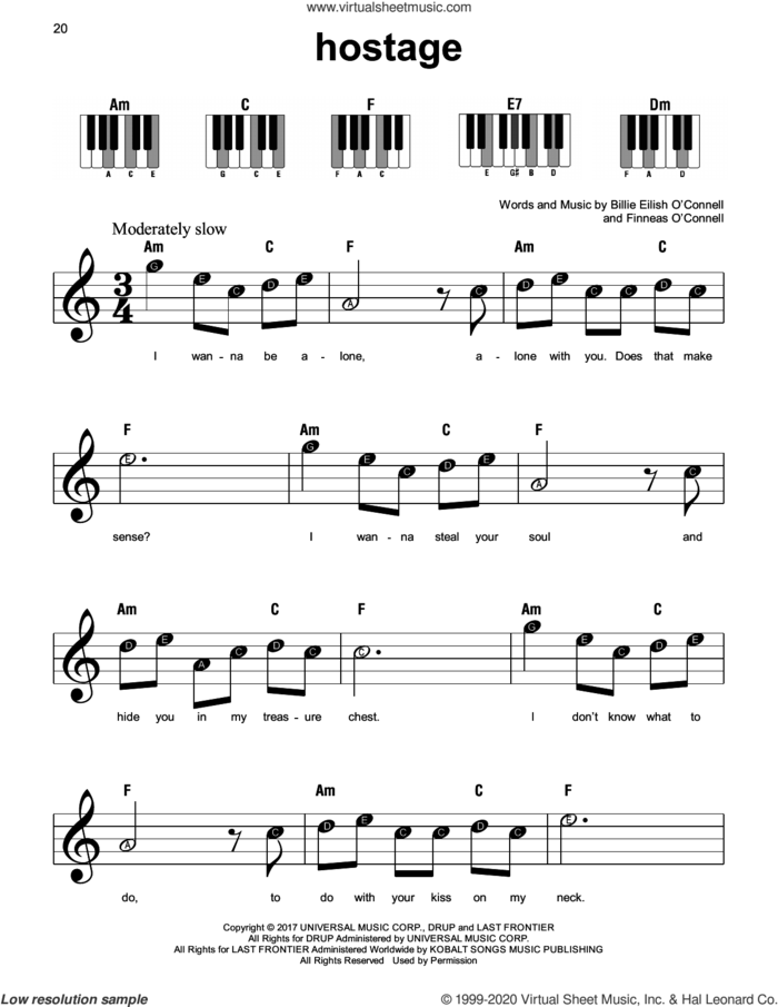 hostage, (beginner) sheet music for piano solo by Billie Eilish, beginner skill level