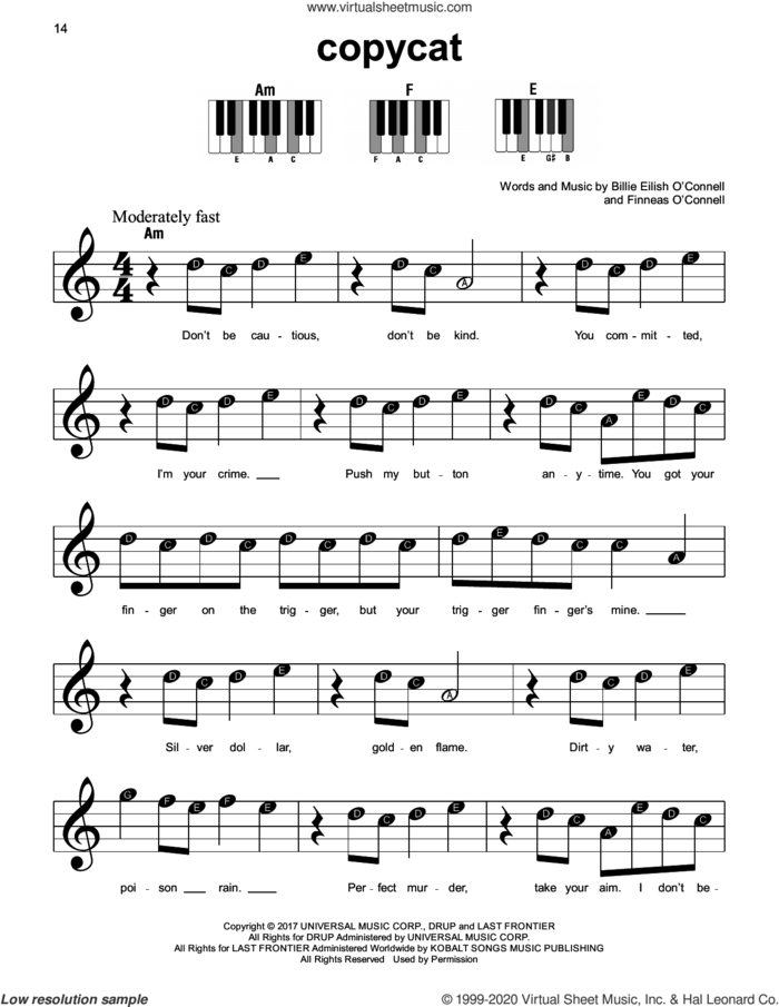 COPYCAT sheet music for piano solo by Billie Eilish, beginner skill level