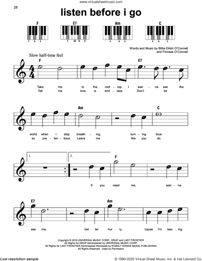 listen before i go, (beginner) sheet music for piano solo by Billie Eilish, beginner skill level