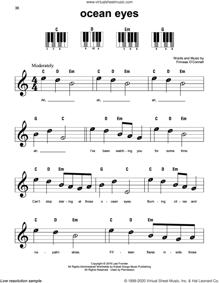 ocean eyes, (beginner) sheet music for piano solo by Billie Eilish, beginner skill level