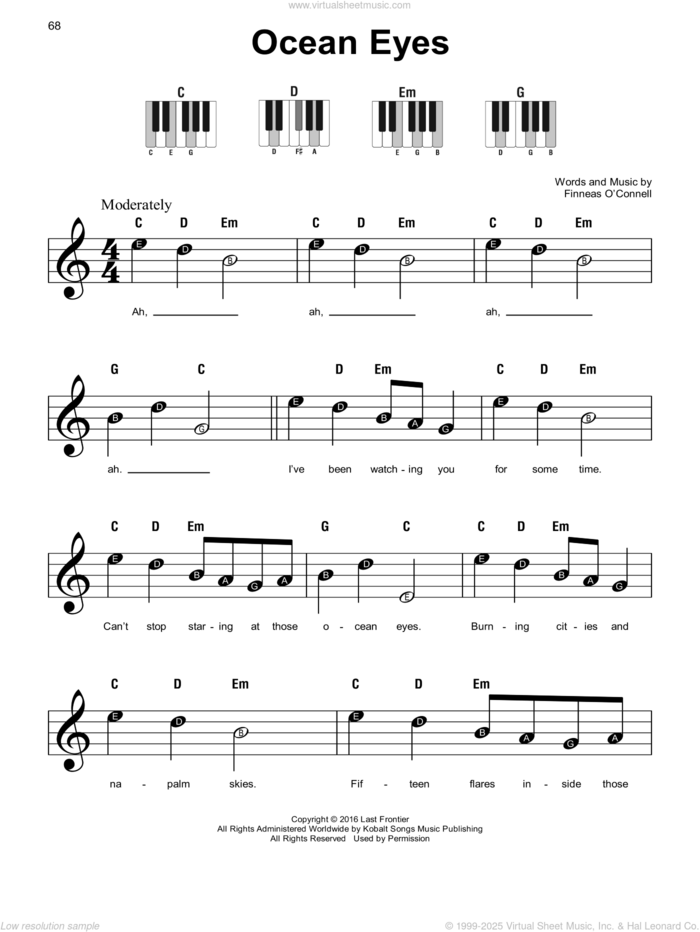 ocean eyes, (beginner) sheet music for piano solo by Billie Eilish, beginner skill level