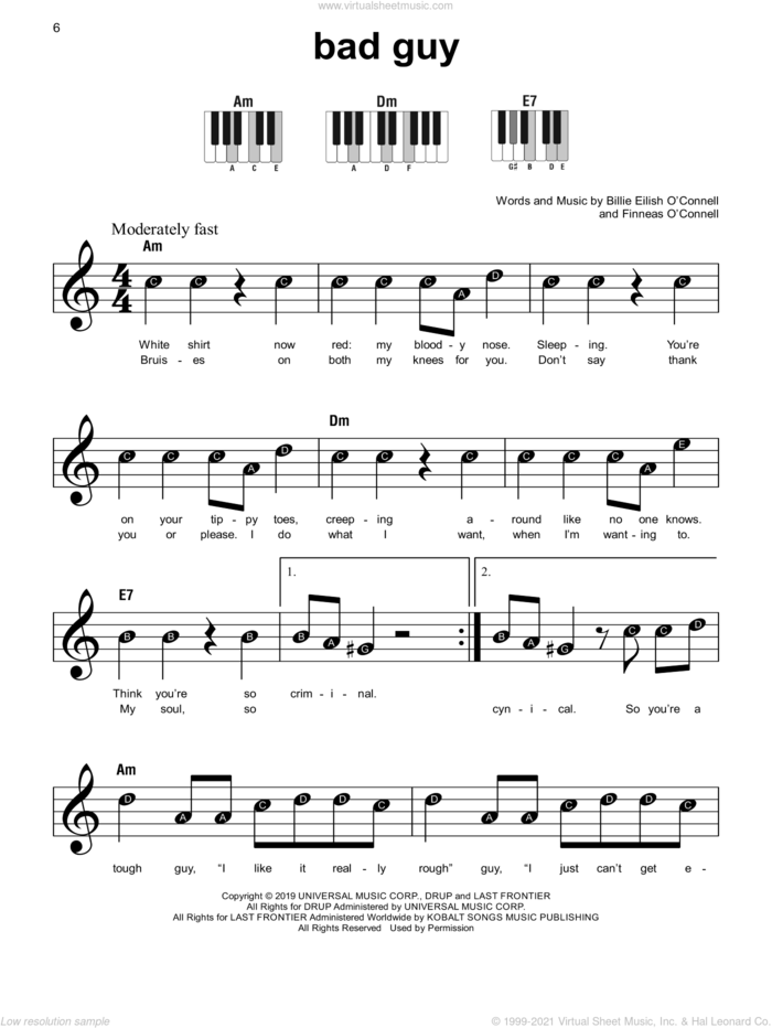 bad guy sheet music for piano solo by Billie Eilish, beginner skill level