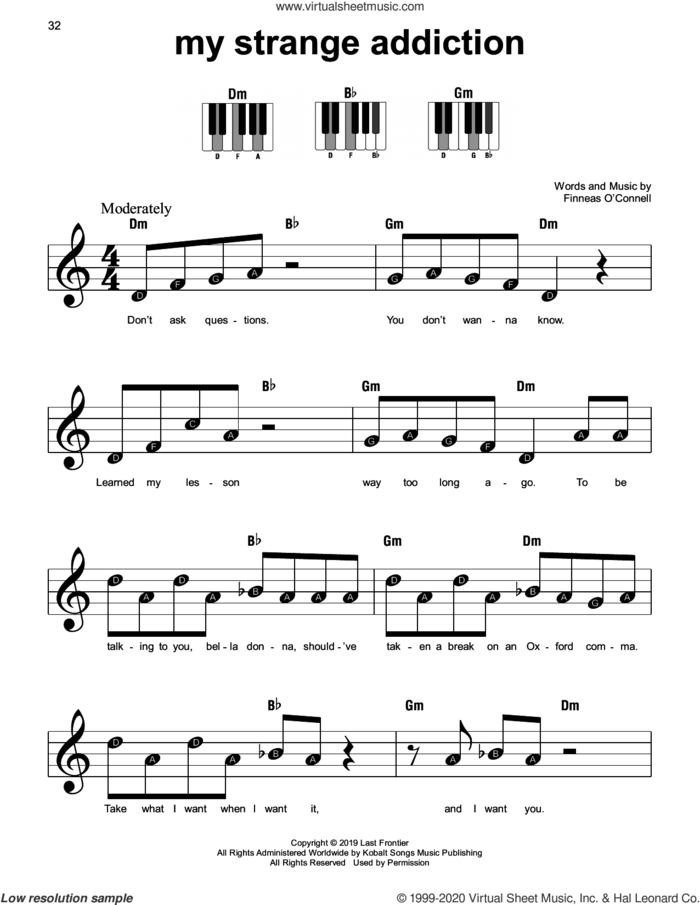 my strange addiction sheet music for piano solo by Billie Eilish, beginner skill level