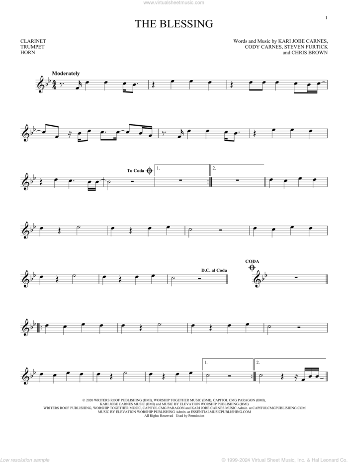 The Blessing sheet music for Solo Instrument (treble clef low) by Kari Jobe, Cody Carnes & Elevation Worship, Chris Brown, Cody Carnes, Kari Jobe Carnes and Steven Furtick, intermediate skill level