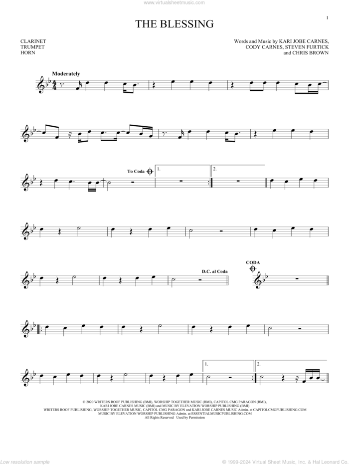 The Blessing sheet music for Solo Instrument (treble clef low) by Kari Jobe, Cody Carnes & Elevation Worship, Chris Brown, Cody Carnes, Kari Jobe Carnes and Steven Furtick, intermediate skill level