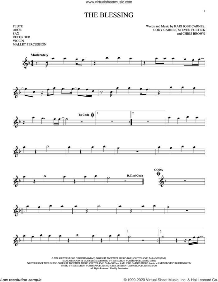 The Blessing sheet music for Solo Instrument (treble clef high) by Kari Jobe, Cody Carnes & Elevation Worship, Chris Brown, Cody Carnes, Kari Jobe Carnes and Steven Furtick, intermediate skill level