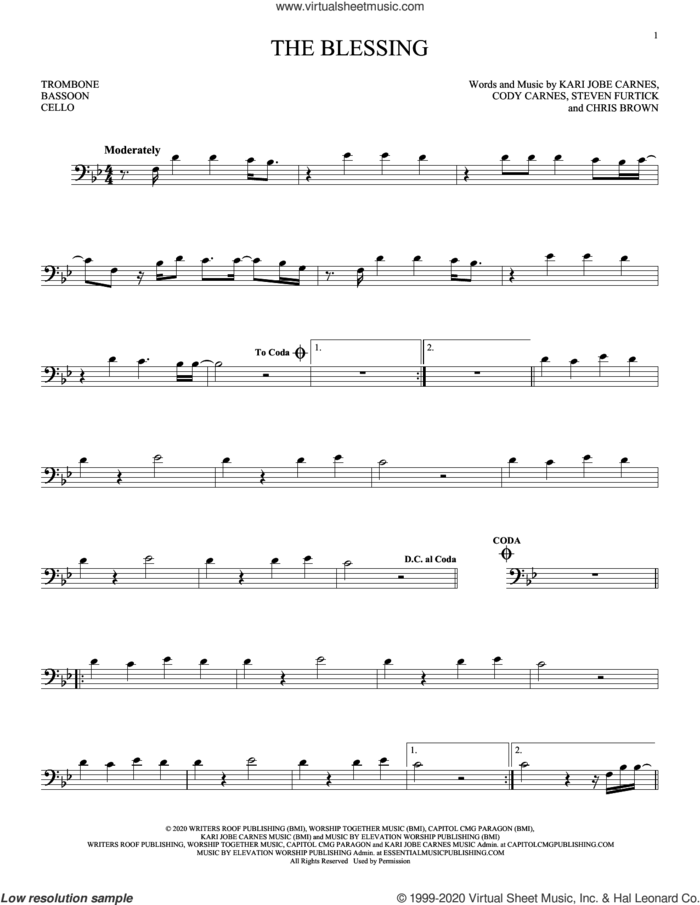 The Blessing sheet music for Solo Instrument (bass clef) by Kari Jobe, Cody Carnes & Elevation Worship, Chris Brown, Cody Carnes, Kari Jobe Carnes and Steven Furtick, intermediate skill level