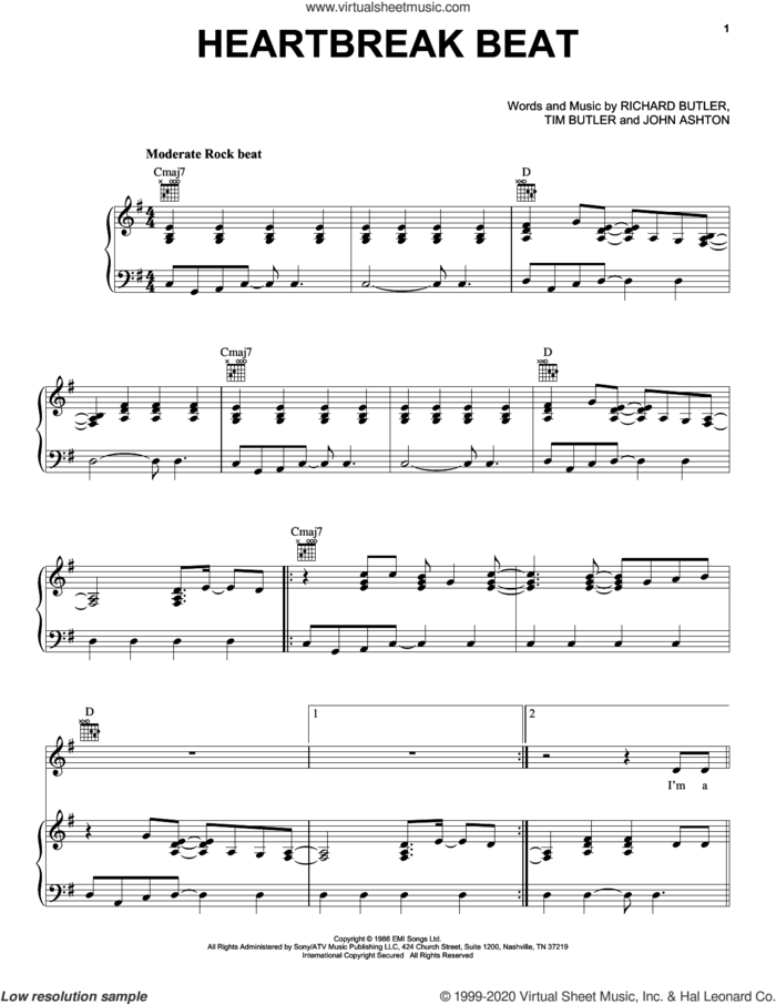 Heartbreak Beat sheet music for voice, piano or guitar by The Psychedelic Furs, John Ashton, Richard Butler and Tim Butler, intermediate skill level