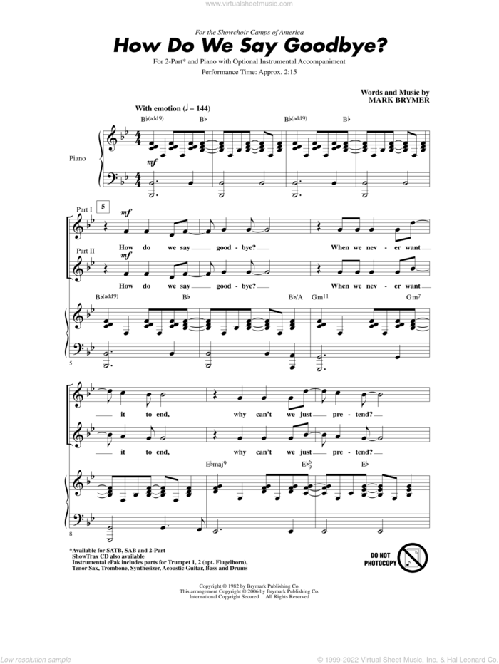 How Do We Say Goodbye sheet music for choir (2-Part) by Mark Brymer, intermediate duet