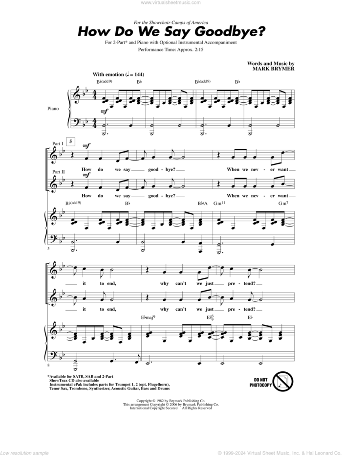 How Do We Say Goodbye sheet music for choir (2-Part) by Mark Brymer, intermediate duet