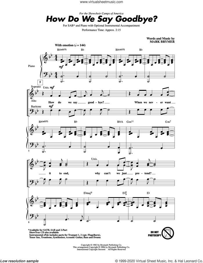 How Do We Say Goodbye sheet music for choir (SAB: soprano, alto, bass) by Mark Brymer, intermediate skill level