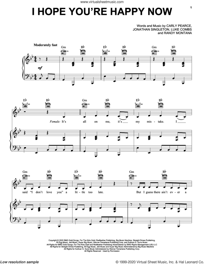 I Hope You're Happy Now sheet music for voice, piano or guitar by Carly Pearce & Lee Brice, Carly Pearce, Jonathan Singleton, Luke Combs and Randy Montana, intermediate skill level