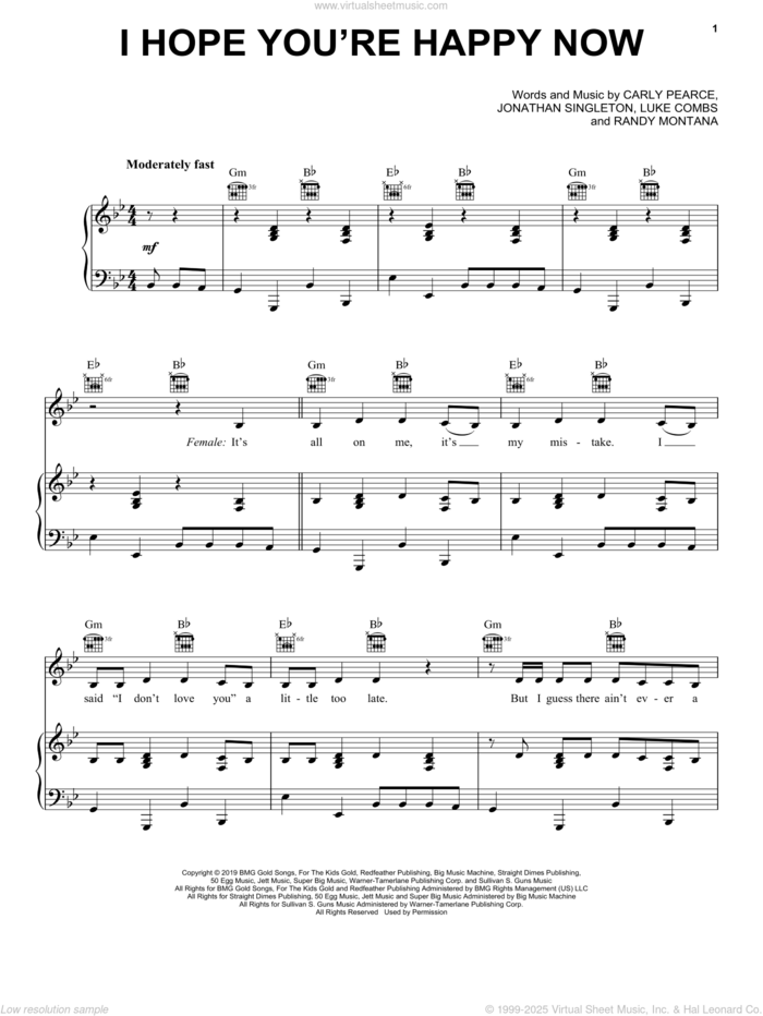 I Hope You're Happy Now sheet music for voice, piano or guitar by Carly Pearce & Lee Brice, Carly Pearce, Jonathan Singleton, Luke Combs and Randy Montana, intermediate skill level