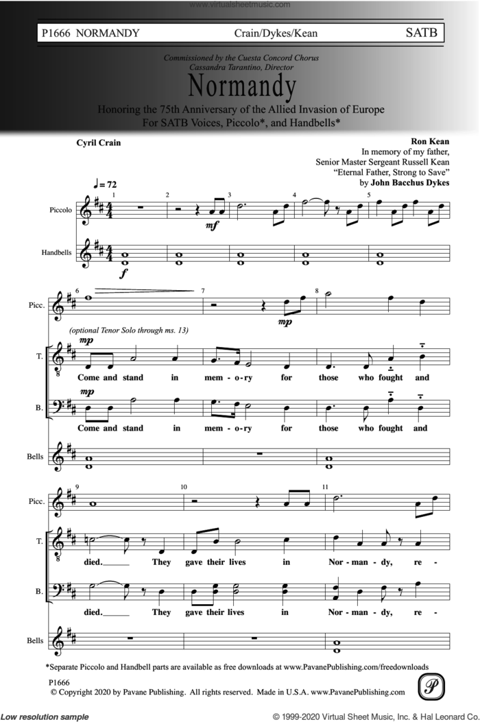Normandy sheet music for choir (SATB: soprano, alto, tenor, bass) by Ron Kean and Cyril Crain, intermediate skill level