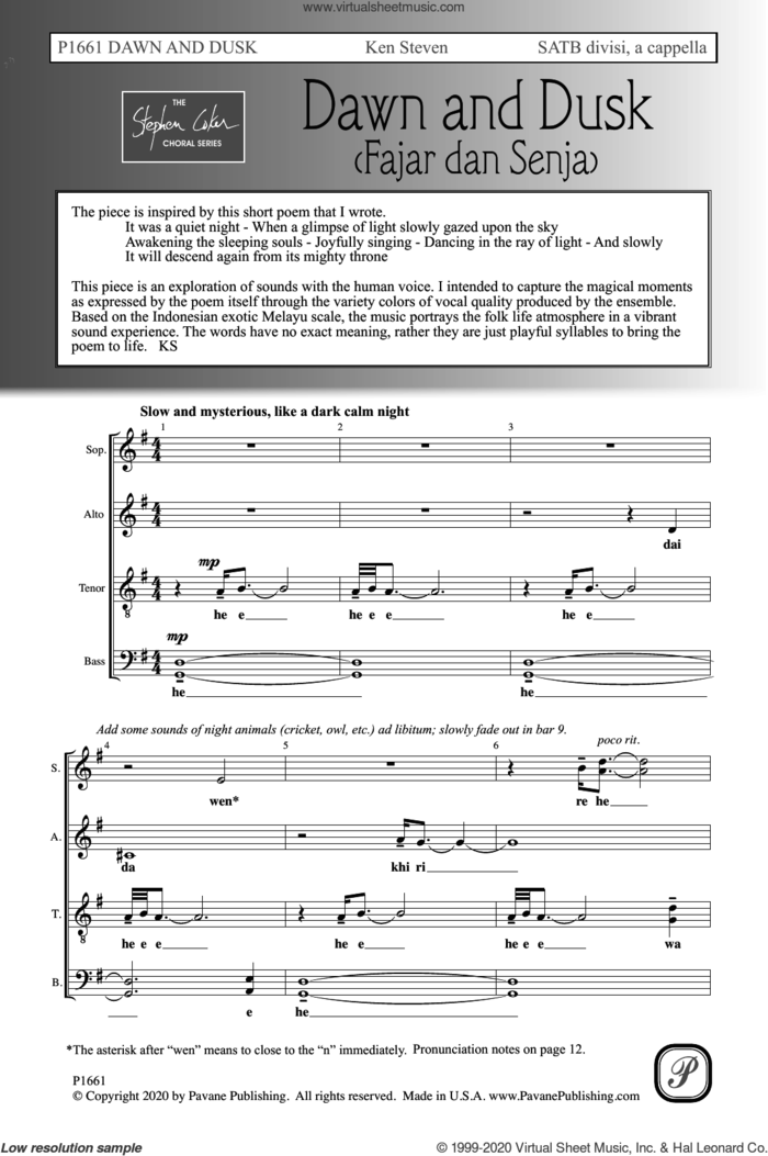 Dawn and Dusk (Fajar dan Senja) sheet music for choir (SATB: soprano, alto, tenor, bass) by Ken Steven, intermediate skill level