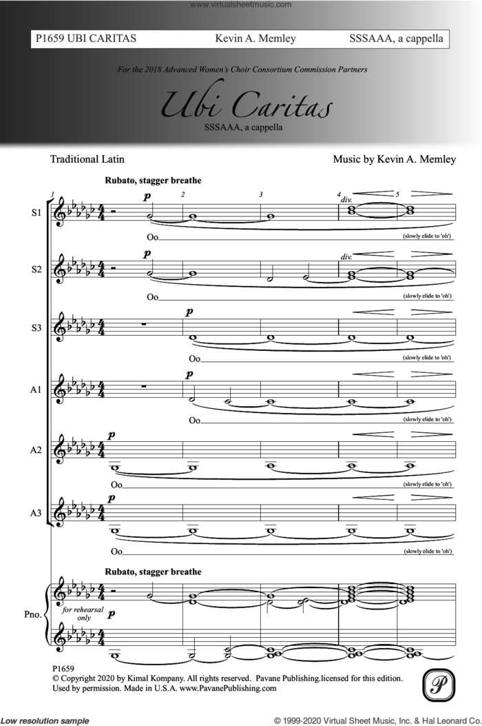 Ubi Caritas sheet music for choir (SSA: soprano, alto) by Kevin A. Memley and Miscellaneous, intermediate skill level