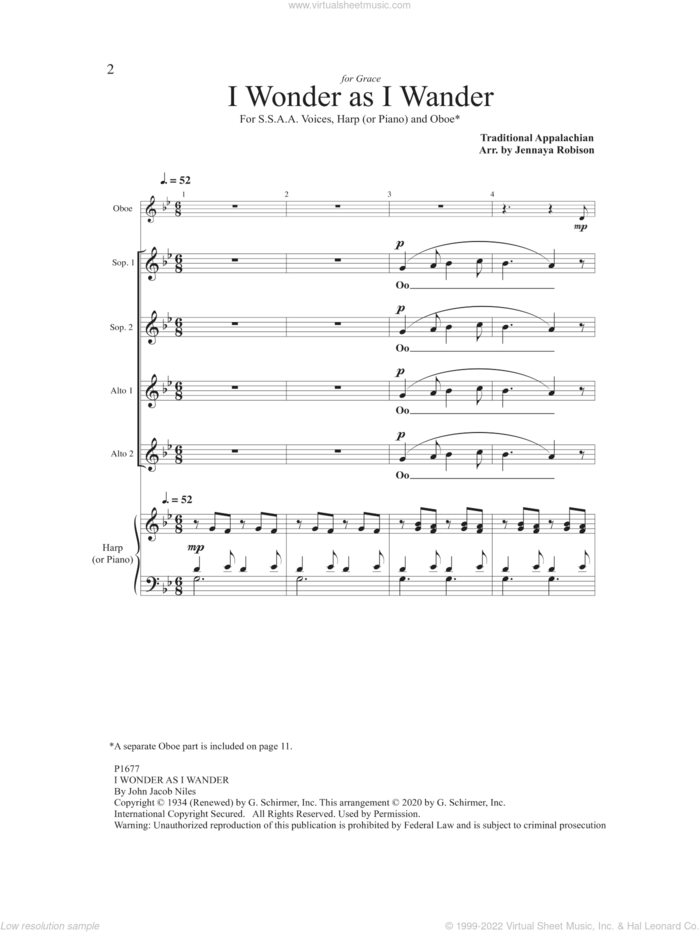 I Wonder As I Wander sheet music for choir (SSAA: soprano, alto) by John Jacob Niles and Jennaya Robison, intermediate skill level