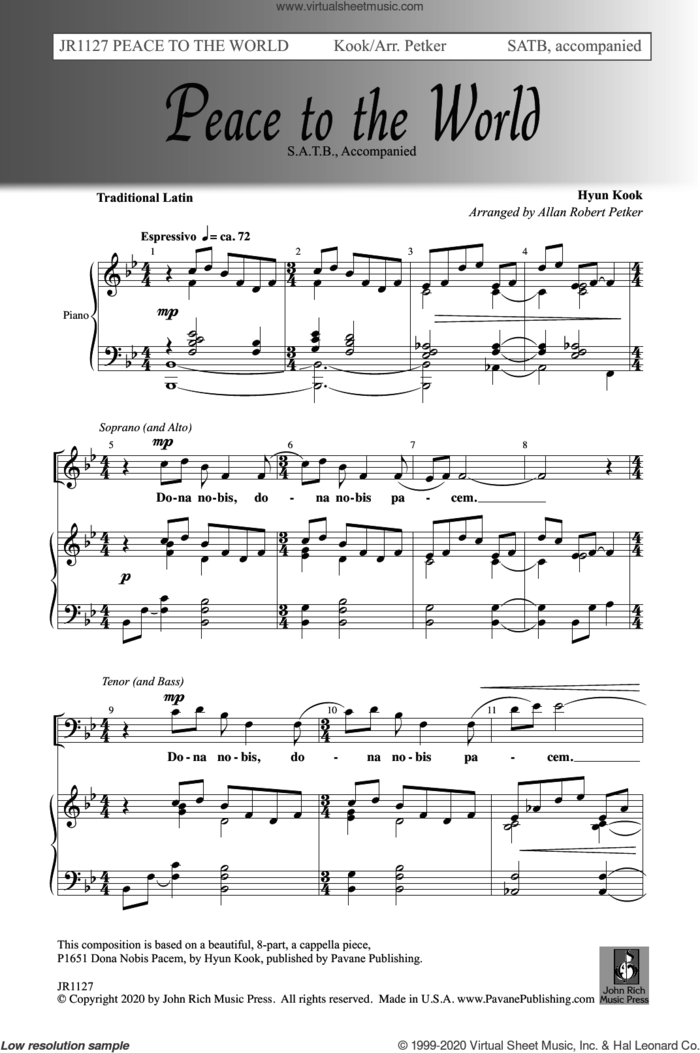 Peace to the World sheet music for choir (SATB: soprano, alto, tenor, bass) by Hyun Kook and Allan Robert Petker, intermediate skill level