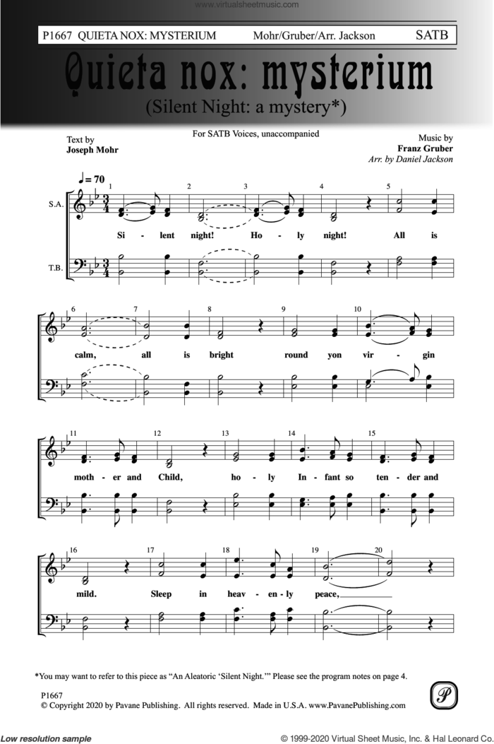 Quieta nox: Mysterium sheet music for choir (SATB: soprano, alto, tenor, bass) by Franz Gruber, Daniel Jackson and Joseph Mohr, intermediate skill level