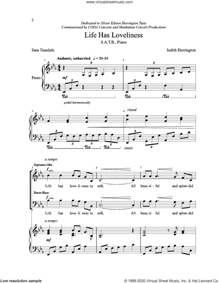 Life Has Loveliness sheet music for choir (SATB: soprano, alto, tenor, bass) by Judith Herrington and Sara Teasdale, intermediate skill level