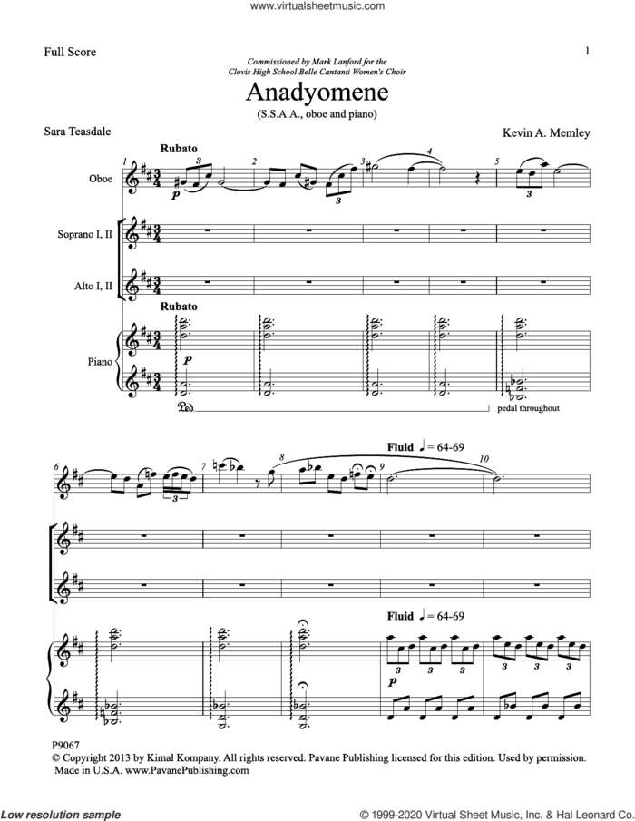Anadyomene (from Impressions - Reflections On Humanity) (COMPLETE) sheet music for orchestra/band by Kevin Memley and Sara Teasdale, intermediate skill level