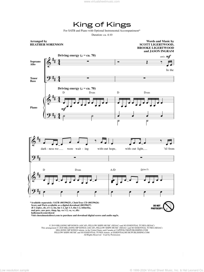 King Of Kings (arr. Heather Sorenson) sheet music for choir (SATB: soprano, alto, tenor, bass) by Hillsong Worship, Heather Sorenson, Brooke Ligertwood, Jason Ingram and Scott Ligertwood, intermediate skill level