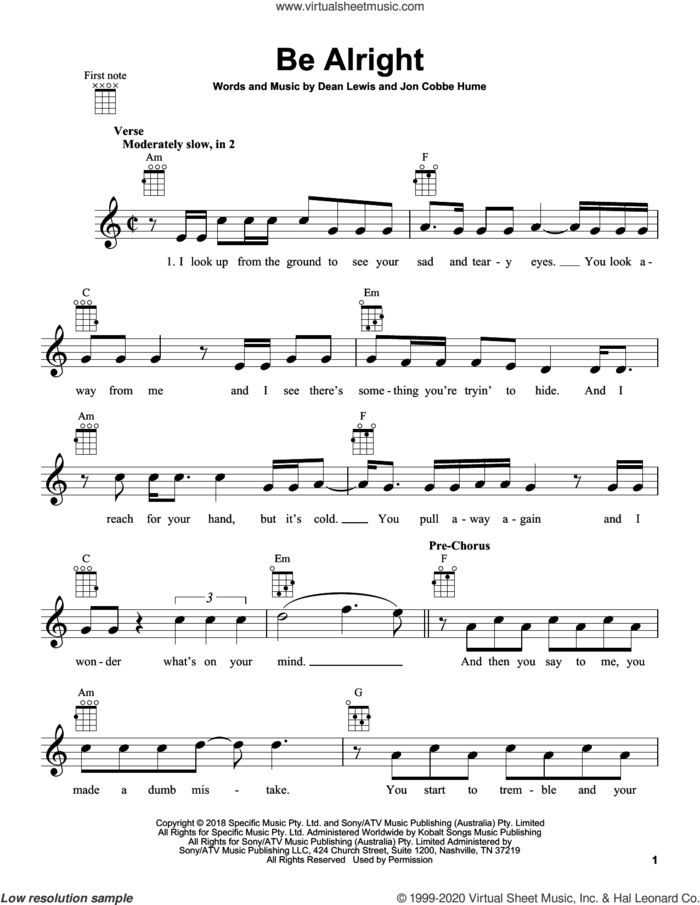 Be Alright sheet music for ukulele by Dean Lewis and Jon Cobbe Hume, intermediate skill level