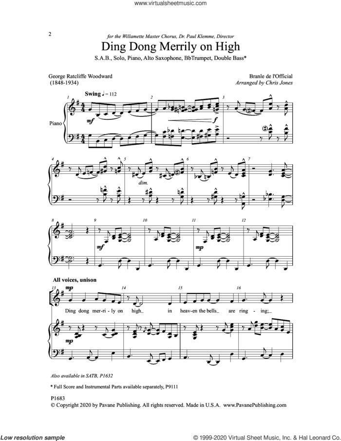 Ding Dong Merrily on High sheet music for choir (SAB: soprano, alto, bass) by Chris Jones and George Ratcliffe Woodward, intermediate skill level