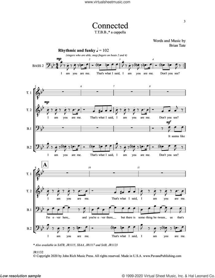 Connected sheet music for choir (TTBB: tenor, bass) by Brian Tate, intermediate skill level