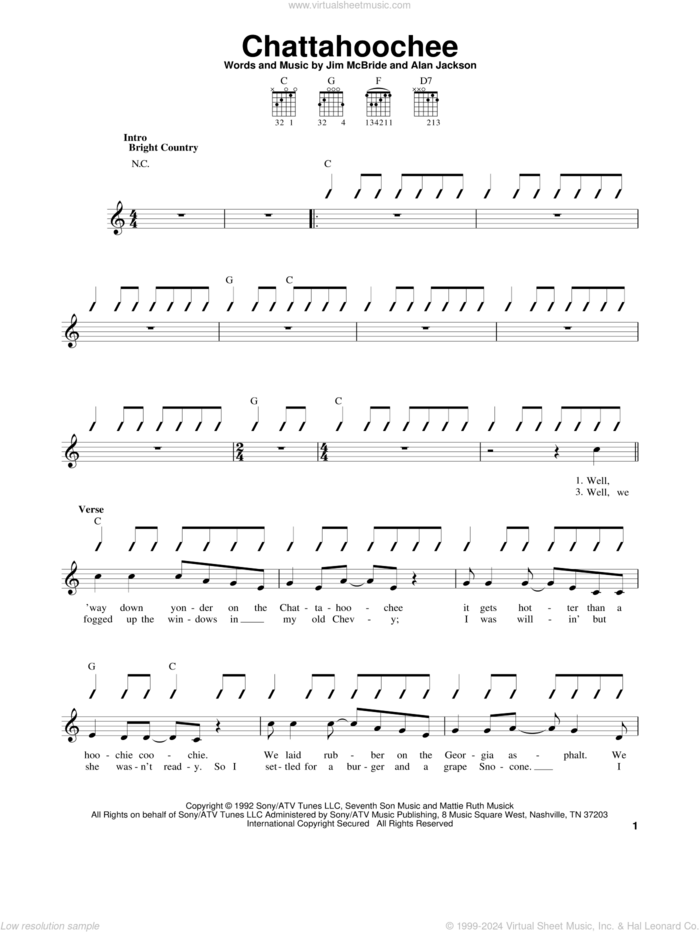 Chattahoochee, (easy) sheet music for guitar solo (chords) by Alan Jackson and Jim McBride, easy guitar (chords)